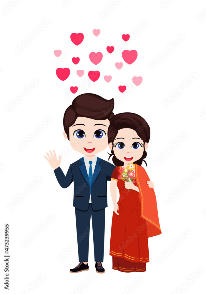 Happy cute boy and girl character standing together and holding flowers with hart shape symbols Happy cute boy and girl character standing together and holding flowers with hart shape symbols