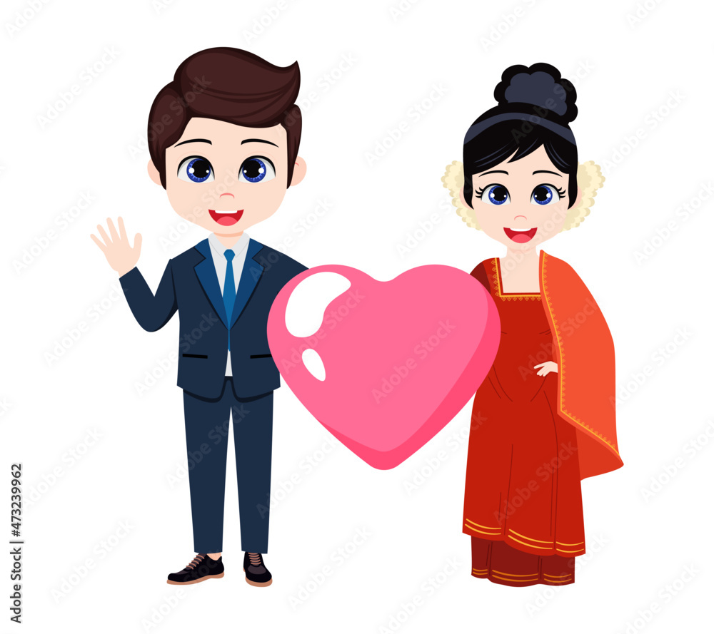 Happy cute boy and girl character standing and holding hart shape love placard Happy cute boy and girl character standing and holding hart shape love placard