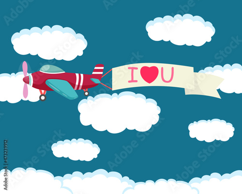 cute beautiful air plane flying with valentine banner placard with I love you text on sky background