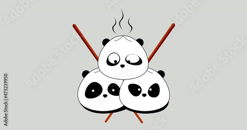 minimal animated asian food logo with panda bears and chopsticks