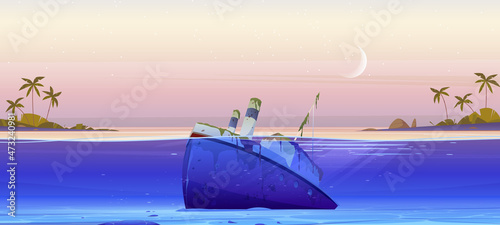 Wreck ship, sunken steamboat with pipes lying on ocean sandy bottom, broken vessel covered with green seaweeds stick up above water surface near tropical island with palms, Cartoon vector illustration
