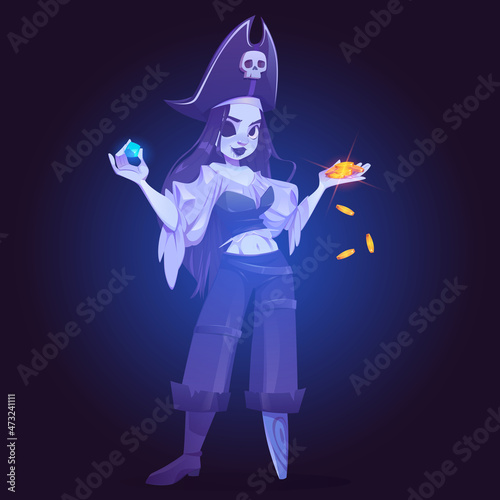 Pirate girl ghost with treasure, young dead woman in filibuster costume and leg prosthesis hold golden coins and gem stone, ancient fantasy character, spook buccaneer, Cartoon vector illustration