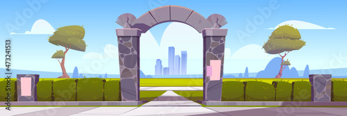 Summer landscape with stone arch entrance to public park or garden, green hedge and city buildings on skyline. Vector cartoon illustration of fence with shrubs and archway portal