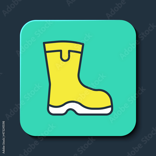 Filled outline Fishing boots icon isolated on blue background. Waterproof rubber boot. Gumboots for rainy weather, fishing, hunter, gardening. Turquoise square button. Vector