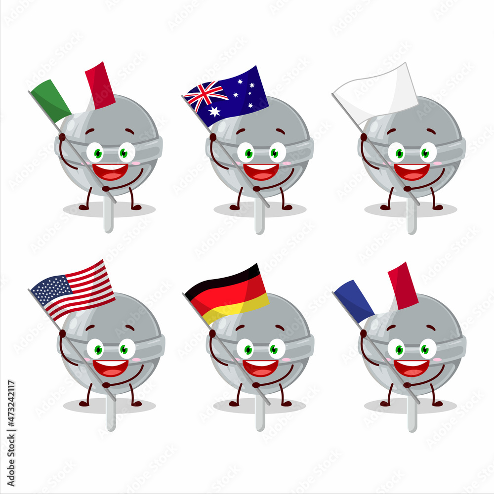 Sweet White lollipop cartoon character bring the flags of various countries