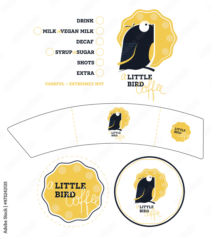 Coffee Set Template A Little Bird Coffee Logo, Coffee Cup Sleeve or Hot Cup Holder, Coffee Cup