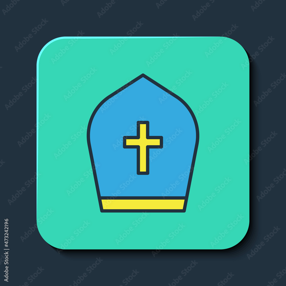 Filled outline Pope hat icon isolated on blue background. Christian hat sign. Turquoise square button. Vector Filled outline Pope hat icon isolated on blue background. Christian hat sign. Turquoise square button. Vector