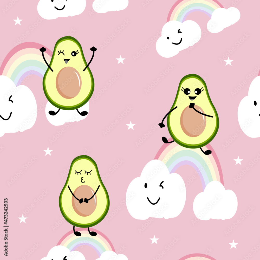 Avocado seamless vector pattern background for wallpaper, wrapping, packing, texture and backdrop. Cute fruit character, Seamless Kawaii Avocados Pattern.
