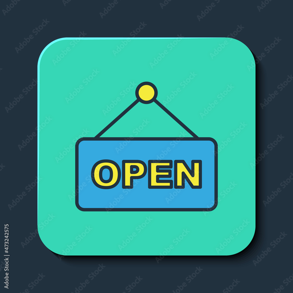 Filled outline Hanging sign with text Open door icon isolated on blue background. Turquoise square button. Vector Filled outline Hanging sign with text Open door icon isolated on blue background. Turquoise square button. Vector