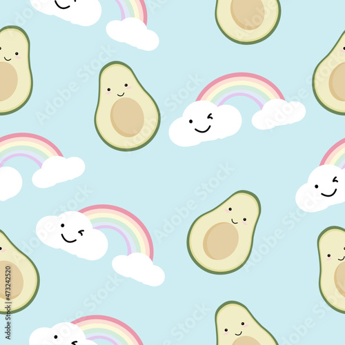 Avocado seamless vector pattern background for wallpaper, wrapping, packing, texture and backdrop. Cute fruit character, Seamless Kawaii Avocados Pattern.