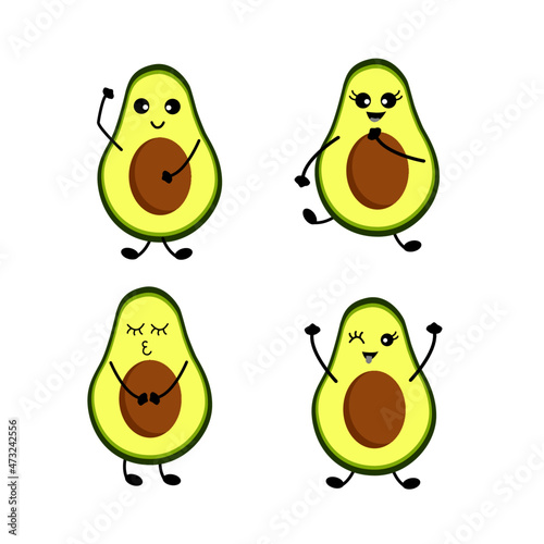 Set of Cute avocado cartoon, Fresh whole, half and sliced avocado isolated on white background Vector illustration.