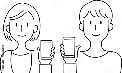 手描き風・スマートフォンの画面を見せる男女のベクターイラスト