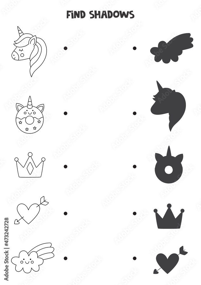 Find the correct shadows of black and white unicorn elements. Logical puzzle for kids.