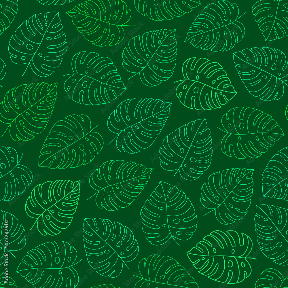 Green Seamless Pattern with Monstera leaves. Contour leaves isolated on a green background. Monstera Deliciosa tropical plant. Trendy green colors. Exotic summer vector print for wallpaper, textile. Green Seamless Pattern with Monstera leaves. Contour leaves isolated on a green background. Monstera Deliciosa tropical plant. Trendy green colors. Exotic summer vector print for wallpaper, textile.