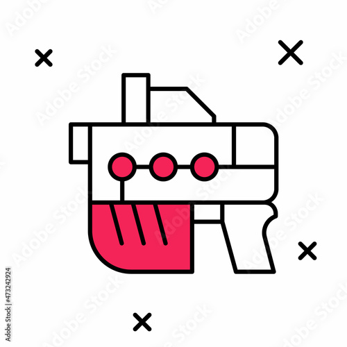 Filled outline Futuristic space gun blaster icon isolated on white background. Laser Handgun. Alien Weapon. Vector