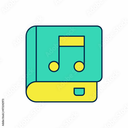 Filled outline Audio book icon isolated on white background. Musical note with book. Audio guide sign. Online learning concept. Vector