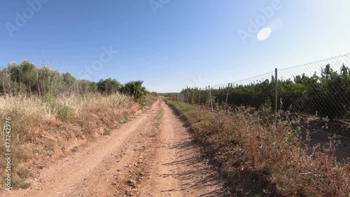 Via de la Plata, dirt road leaving Guillena in direction to Castilblanco, province of Seville, Andalusia, Spain - dolly move forward photo
