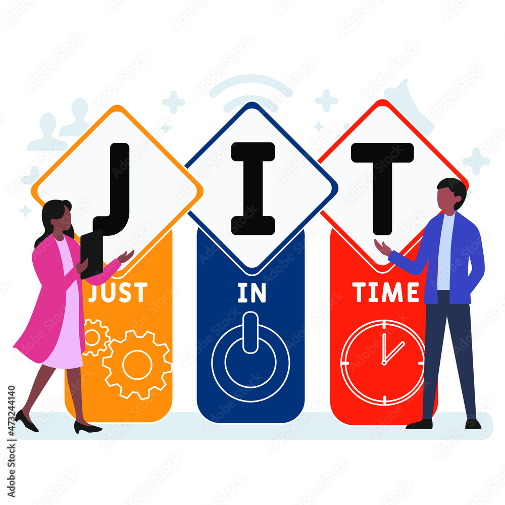 JIT - Just in time acronym. business concept background.  vector illustration concept with keywords and icons. lettering illustration with icons for web banner, flyer, landing 