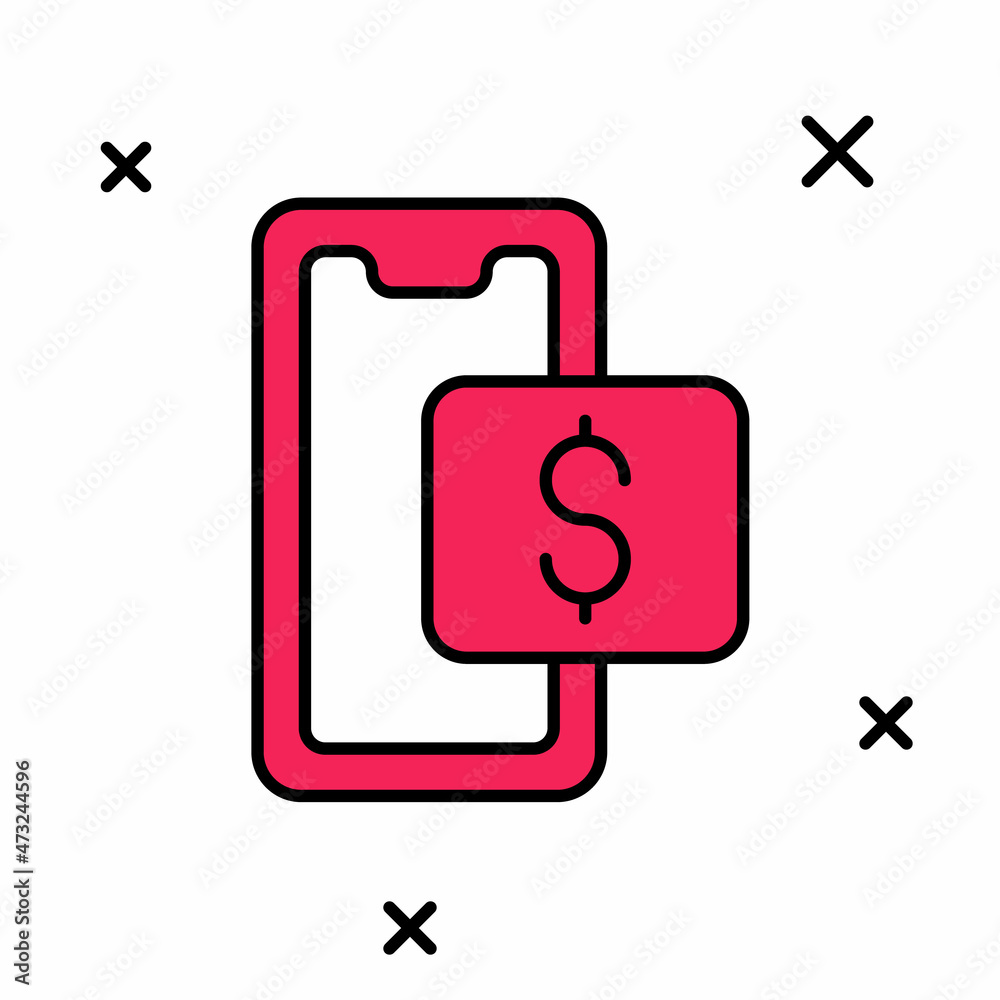 Filled outline Mobile phone and shopping cart icon isolated on white background. Online buying symbol. Supermarket basket symbol. Vector Filled outline Mobile phone and shopping cart icon isolated on white background. Online buying symbol. Supermarket basket symbol. Vector