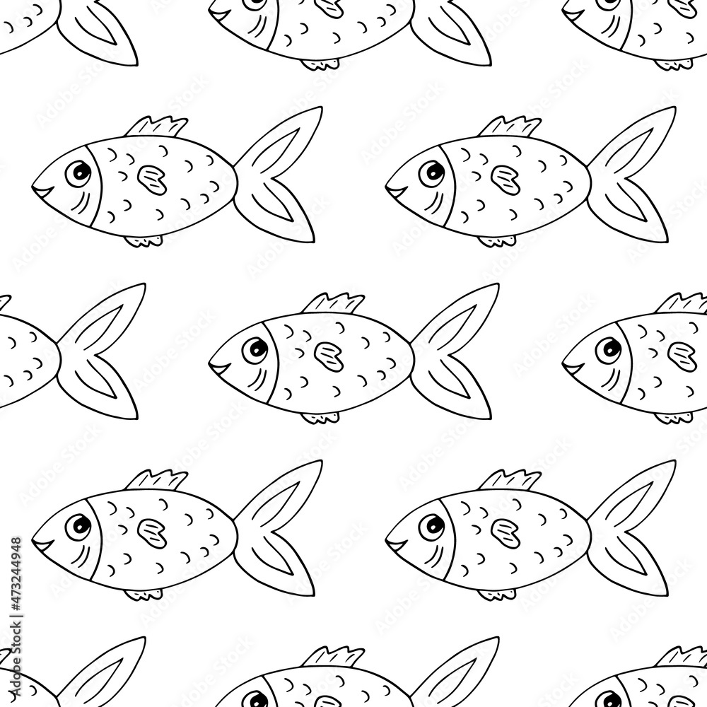 fish seamless pattern hand drawn doodle. vector, minimalism, scandinavian, monochrome, nordic. marine life, sea, ocean. wallpaper, textile, background, wrapping paper.