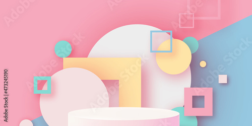 3D Podium scene or pedestal on pastel background with minimal geometric shapes paper cut craft studio for display product mockup design. Circles, squares.