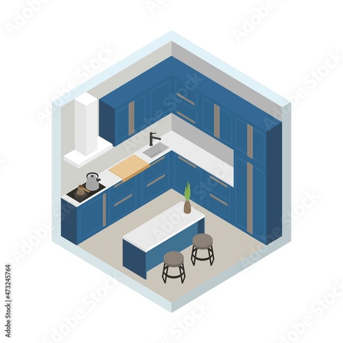 Isometric vector illustration, modern kitchen design with furniture
