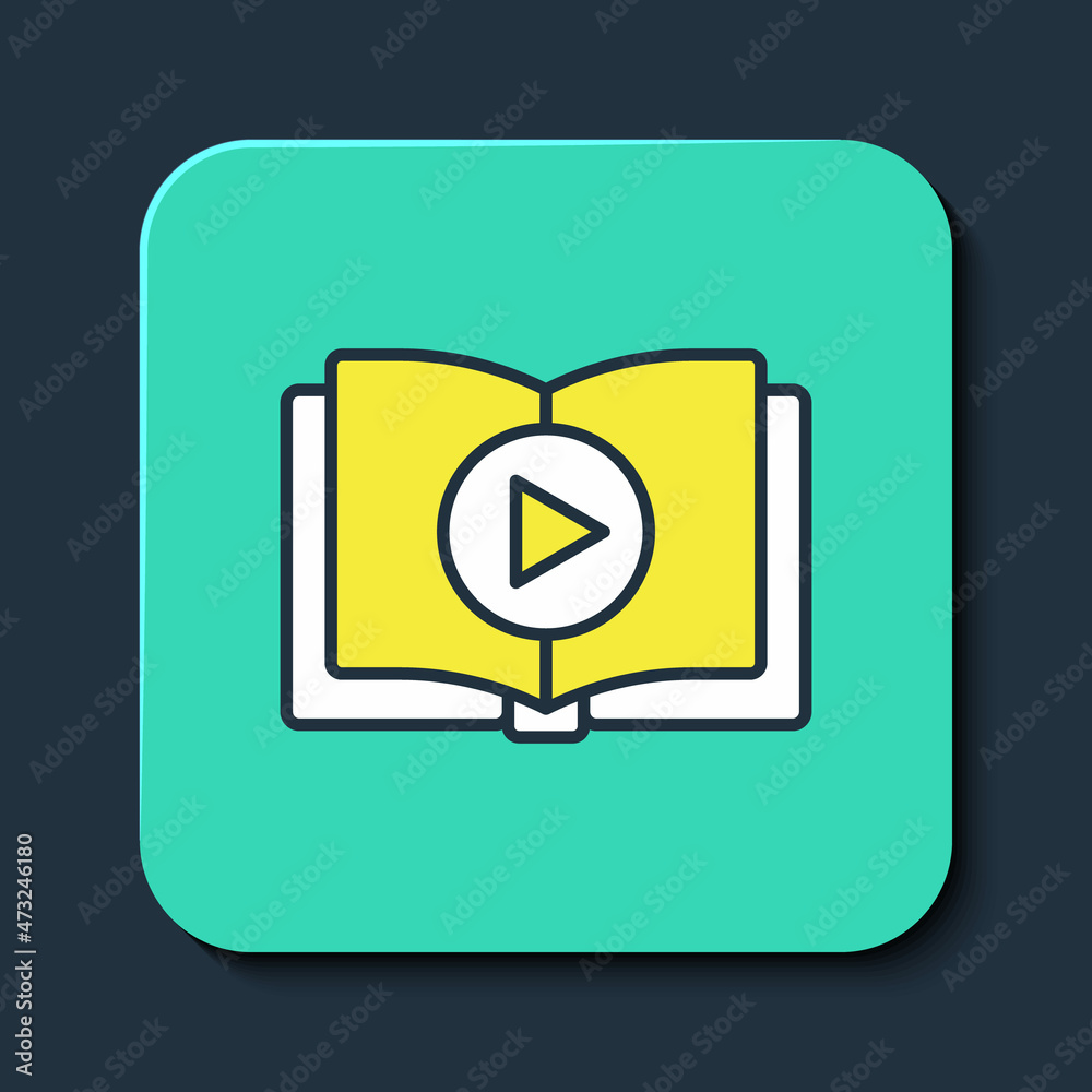 Filled outline Audio book icon isolated on blue background. Play button and book. Audio guide sign. Online learning concept. Turquoise square button. Vector Filled outline Audio book icon isolated on blue background. Play button and book. Audio guide sign. Online learning concept. Turquoise square button. Vector