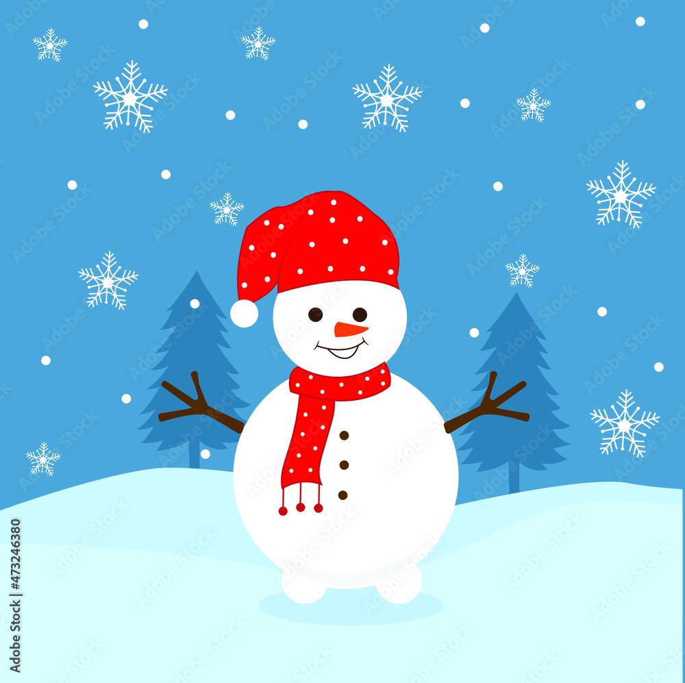 snowman with Christmas tree and blue background and white snow snowman with Christmas tree and blue background and white snow