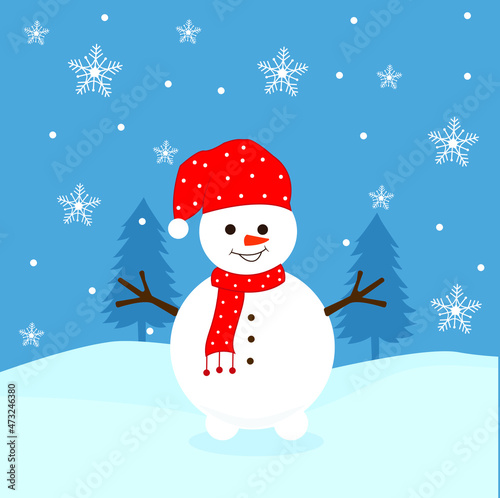 snowman with Christmas tree and blue background and white snow © bisakhadatta