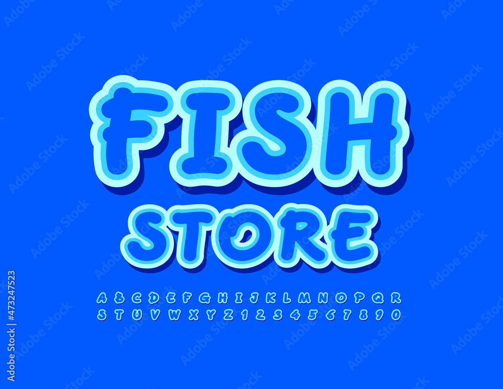 Vector blue logo Fish Store with Handwritten style Font. Sticker Alphabet Letters and Numbers set