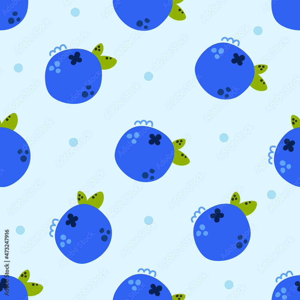 Hand drawn seamless pattern of blueberries, modern and cute.