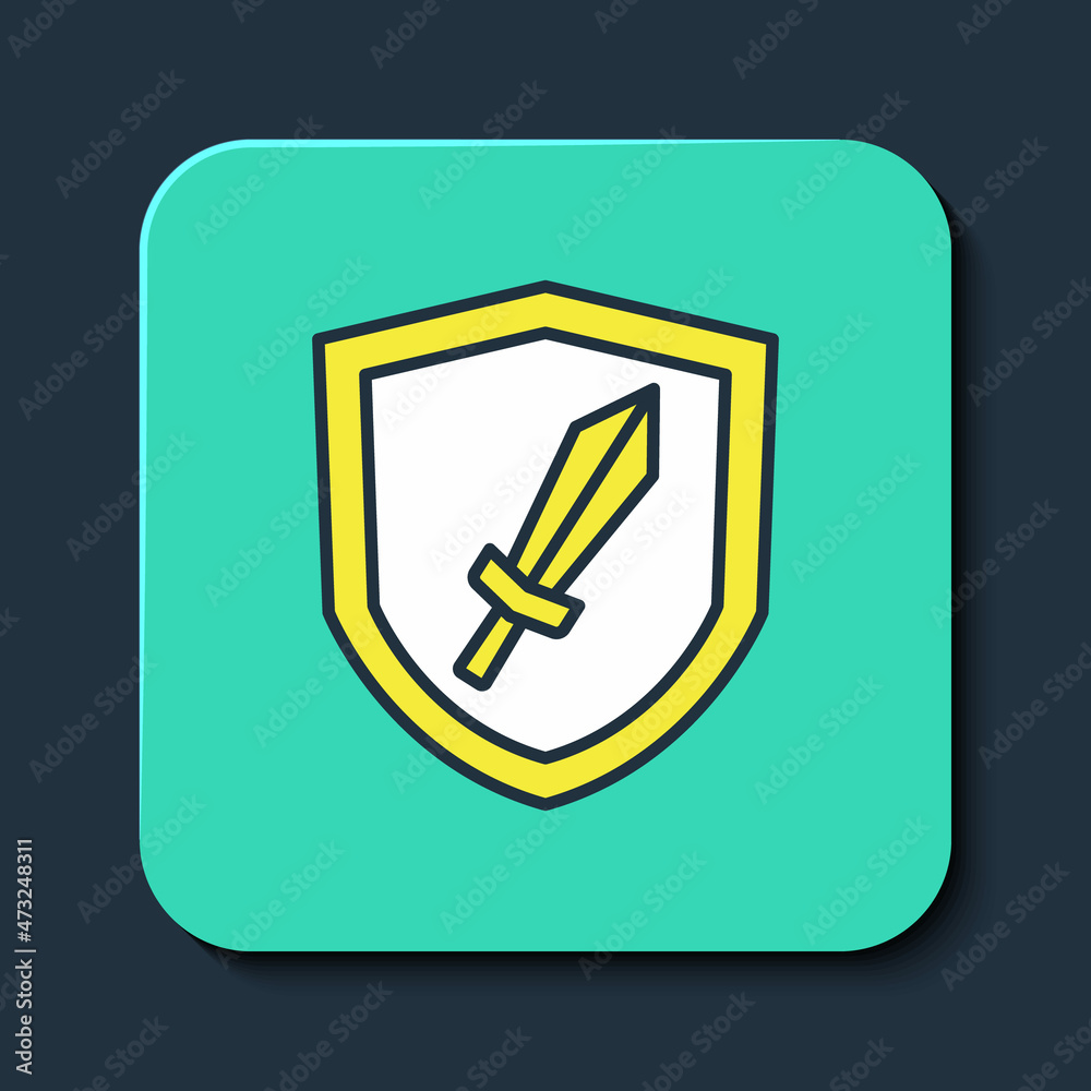 Filled outline Sword for game icon isolated on blue background. Turquoise square button. Vector Filled outline Sword for game icon isolated on blue background. Turquoise square button. Vector