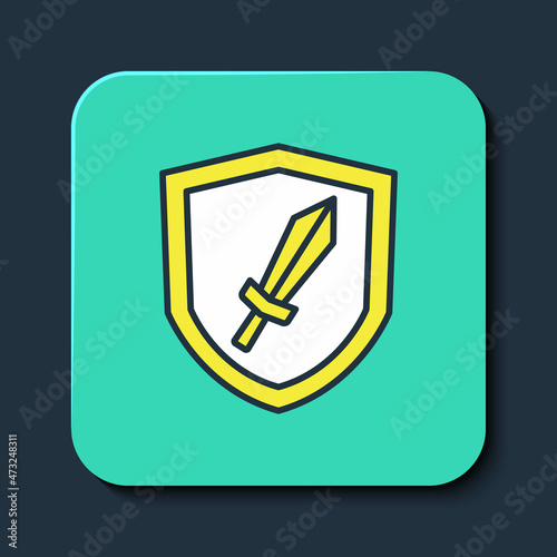 Filled outline Sword for game icon isolated on blue background. Turquoise square button. Vector
