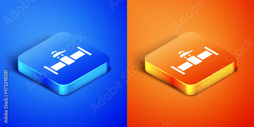 Isometric Industry metallic pipe and valve icon isolated on blue and orange background. Square button. Vector