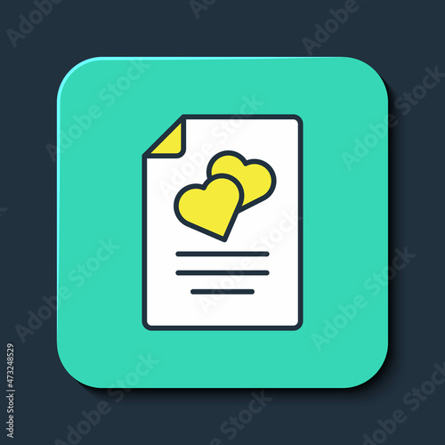 Filled outline Marriage contract icon isolated on blue background. Wedding certificate. Turquoise square button. Vector