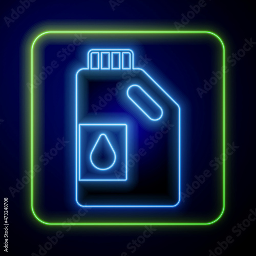 Glowing neon Canister for motor machine oil icon isolated on blue background. Oil gallon. Oil change service and repair. Engine oil sign. Vector
