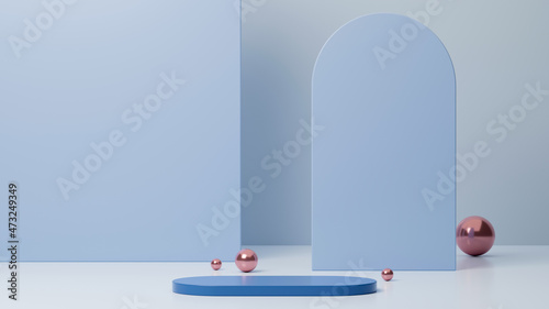 Blue pedestal for product presentation with blue geometric shapes in the background.