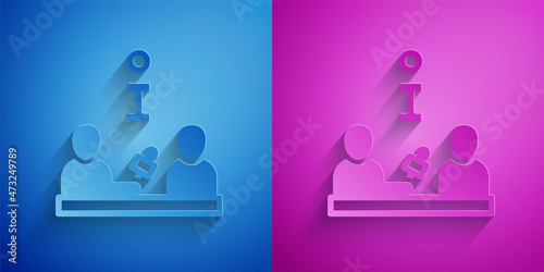 Paper cut Interview with a famous person icon isolated on blue and purple background. Television or internet broadcast where a journalist talks to a celebrity. Paper art style. Vector
