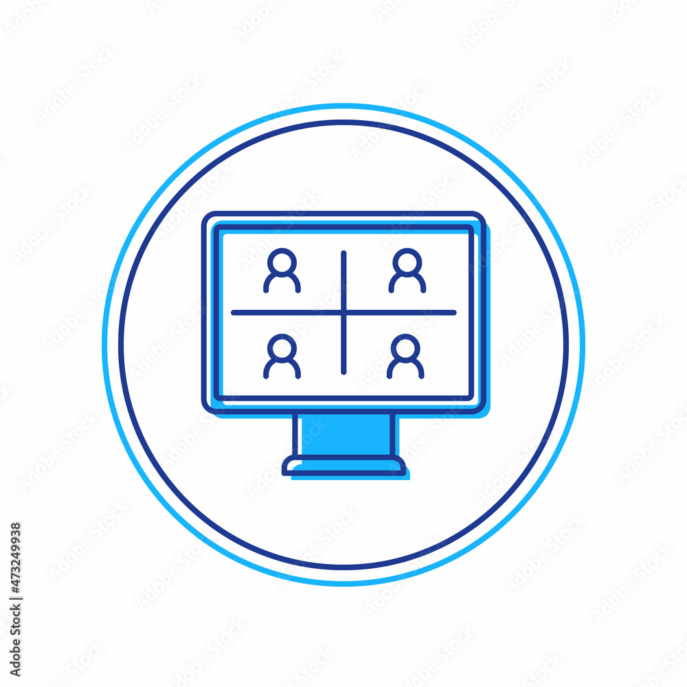 Filled outline Video chat conference icon isolated on white background. Online meeting work form home. Remote project management. Vector