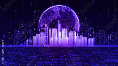The smart city of cyberspace and metaverse digital data of futuristic and technology, Internet and big data of cloud computing, 5g connection data analysis background concept. 3d rendering