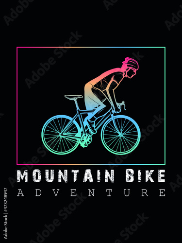t shirt design mountain bike adventure with mountain biker vintage colourful illustration
