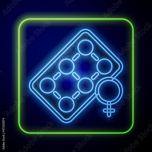 Glowing neon Packaging of birth control pills icon isolated on blue background. Contraceptive pill. Vector