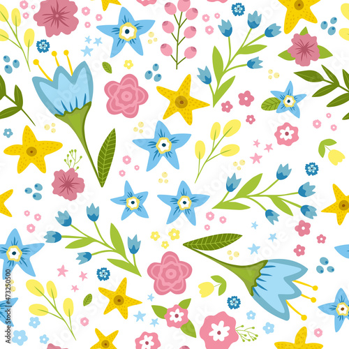 Summer seamless pattern. Variety of colorful.flowers and leaves on a white background.