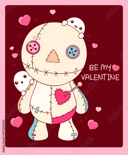 Valentine's day card with cute voodoo doll and little ghosts. Greeting Valentine card in kawaii style. Inscription Be my Valentine. Vector illustration EPS8