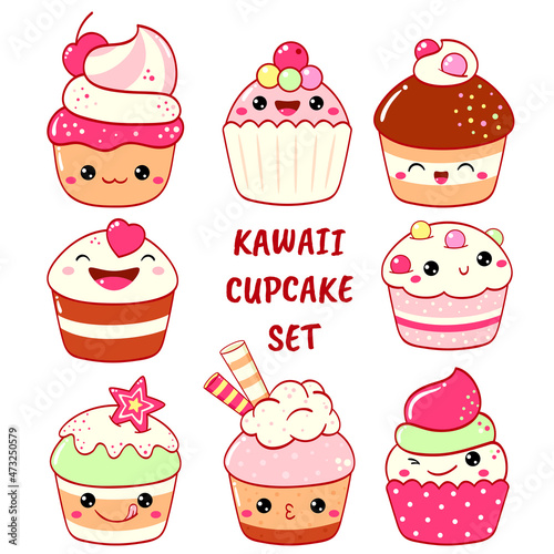Set of cute sweet icons in kawaii style with smiling face and pink cheeks for sweet design. Cake, muffin, cupcake. Vector illustration EPS8  