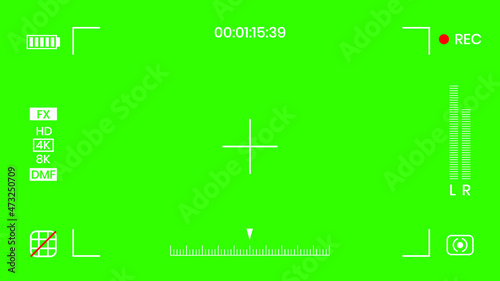 Green colored chroma key camera rec frame viewfinder overlay background screen flat style design vector illustration. Chroma key VFX screen camera overlay abstract background concept for video footage
