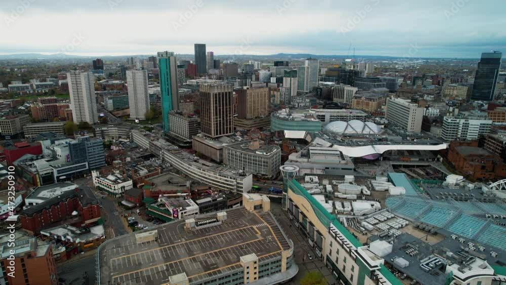Smooth right to left tracking aerial of the Centre of Birmingham UK