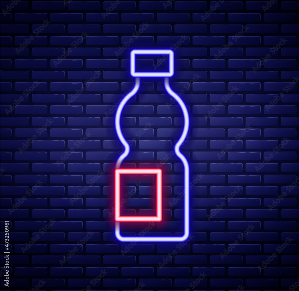 Glowing neon line Bottle of water icon isolated on brick wall background. Soda aqua drink sign. Colorful outline concept. Vector Glowing neon line Bottle of water icon isolated on brick wall background. Soda aqua drink sign. Colorful outline concept. Vector
