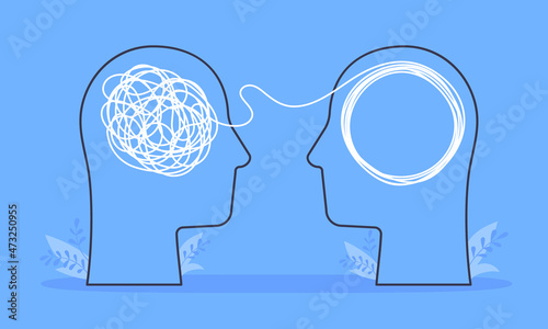 Psychologist consulting or mental problem solving brainstorm concept. Human heads with tangled chaos disorder turns into order line, finding solution. Coach, mentoring psychotherapy. Complex to simple