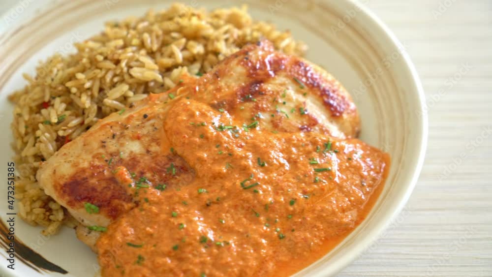 grilled chicken steak with red curry sauce and rice - muslim food style grilled chicken steak with red curry sauce and rice - muslim food style